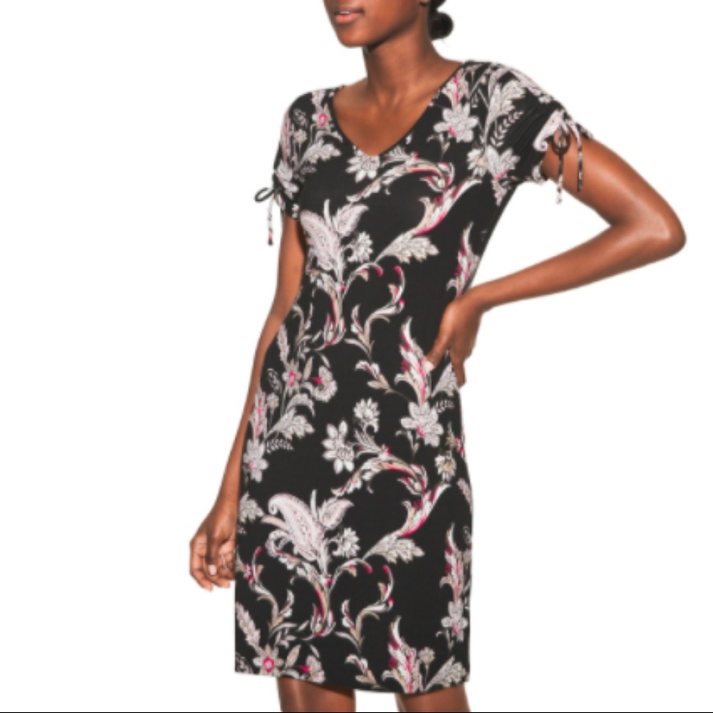 EUC WHBM Black Floral T-Shirt Dress with Tie Sleeves